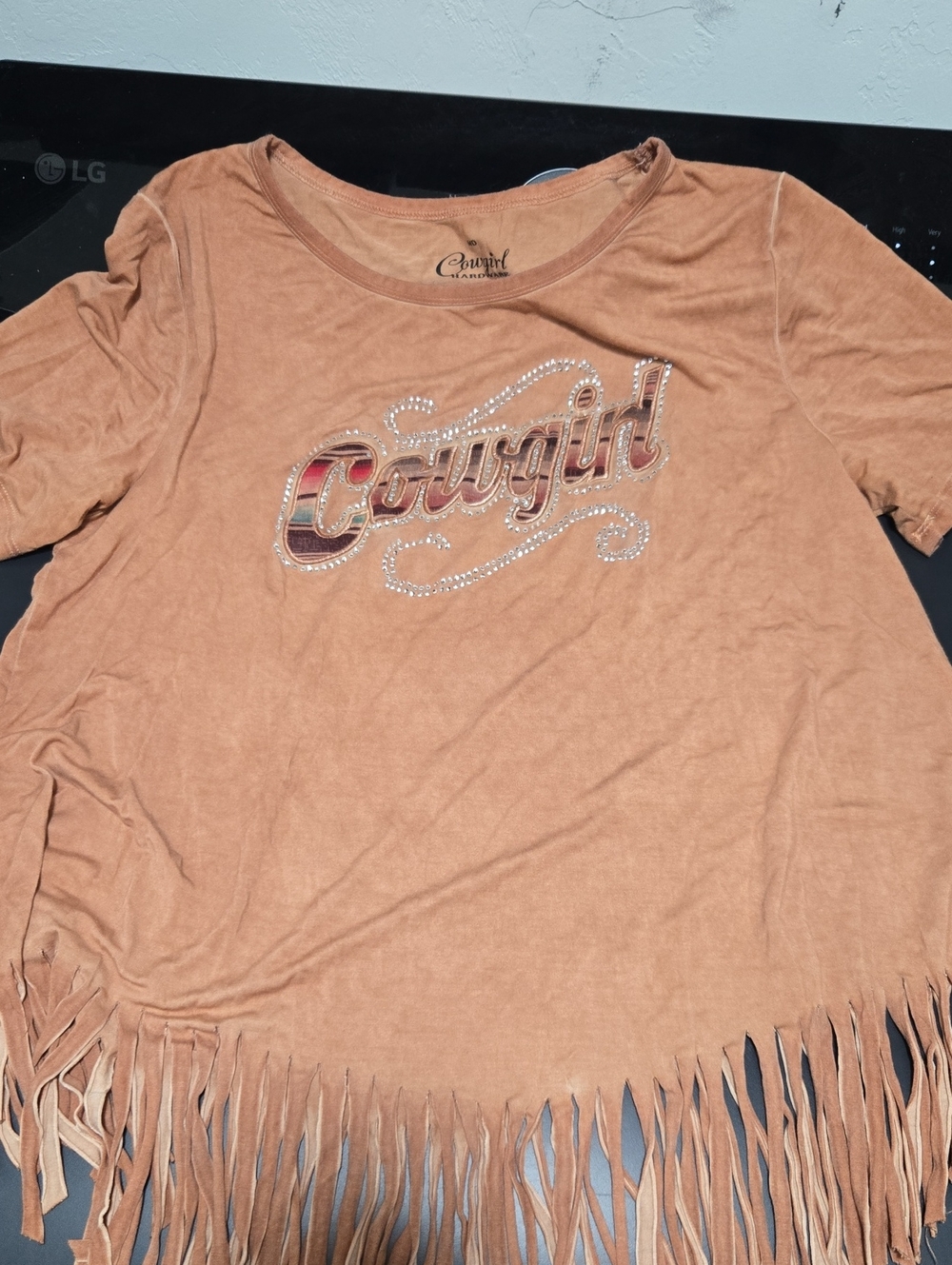 Cowgirl Graphic Fringe Tee in Tan